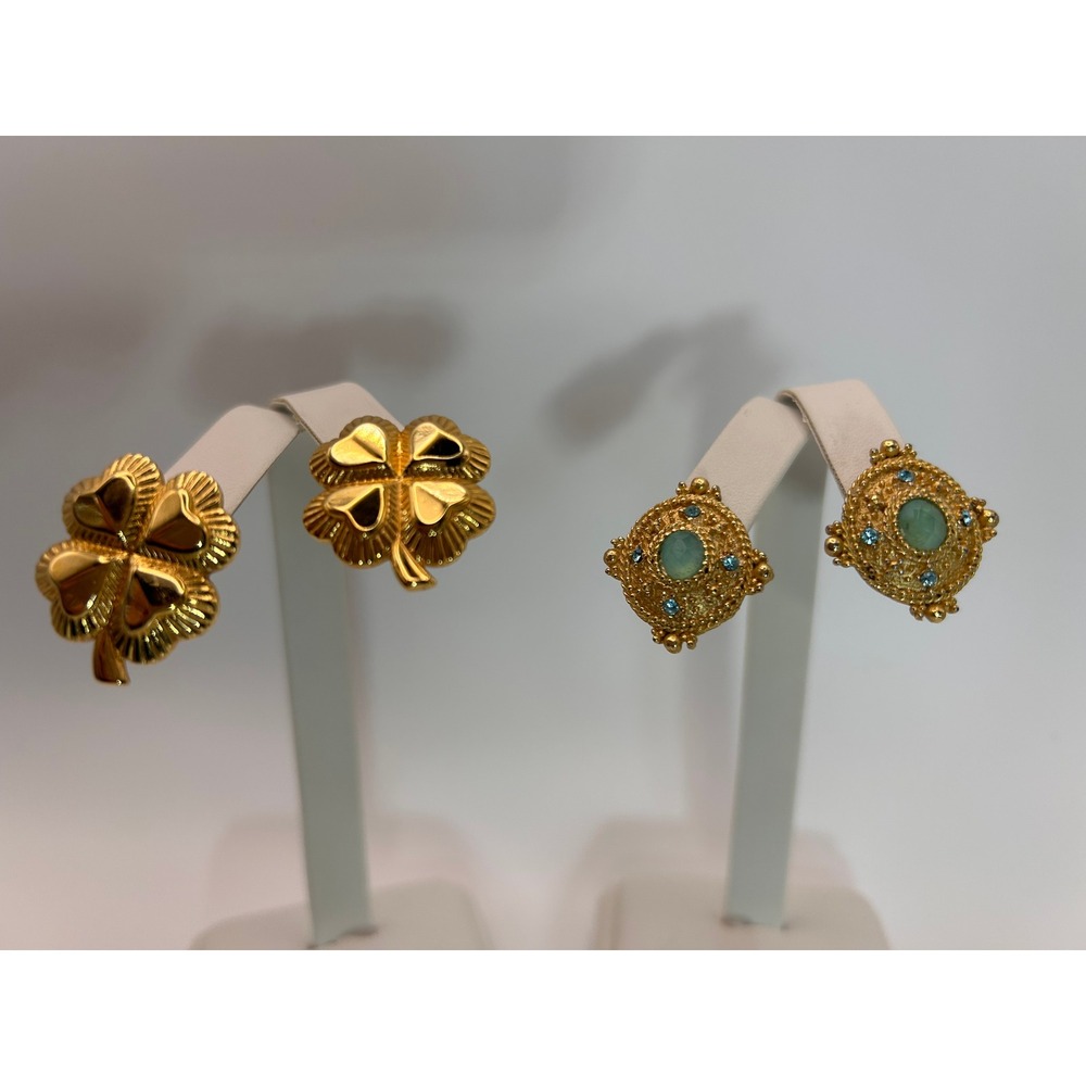 Vintage Clip On Earring Lot Women Gold Tone Clover Filigree Good Statement Set